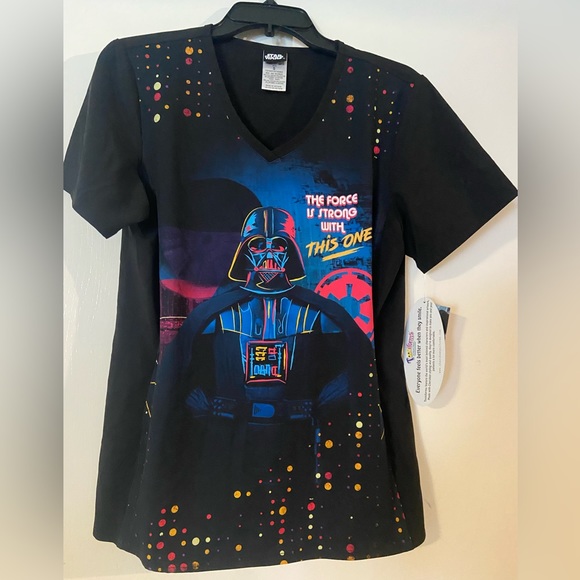 NWT Disney STAR WARS Womens Darth Vader V-neck top Tooniforms TF627 print scrub - Picture 2 of 3